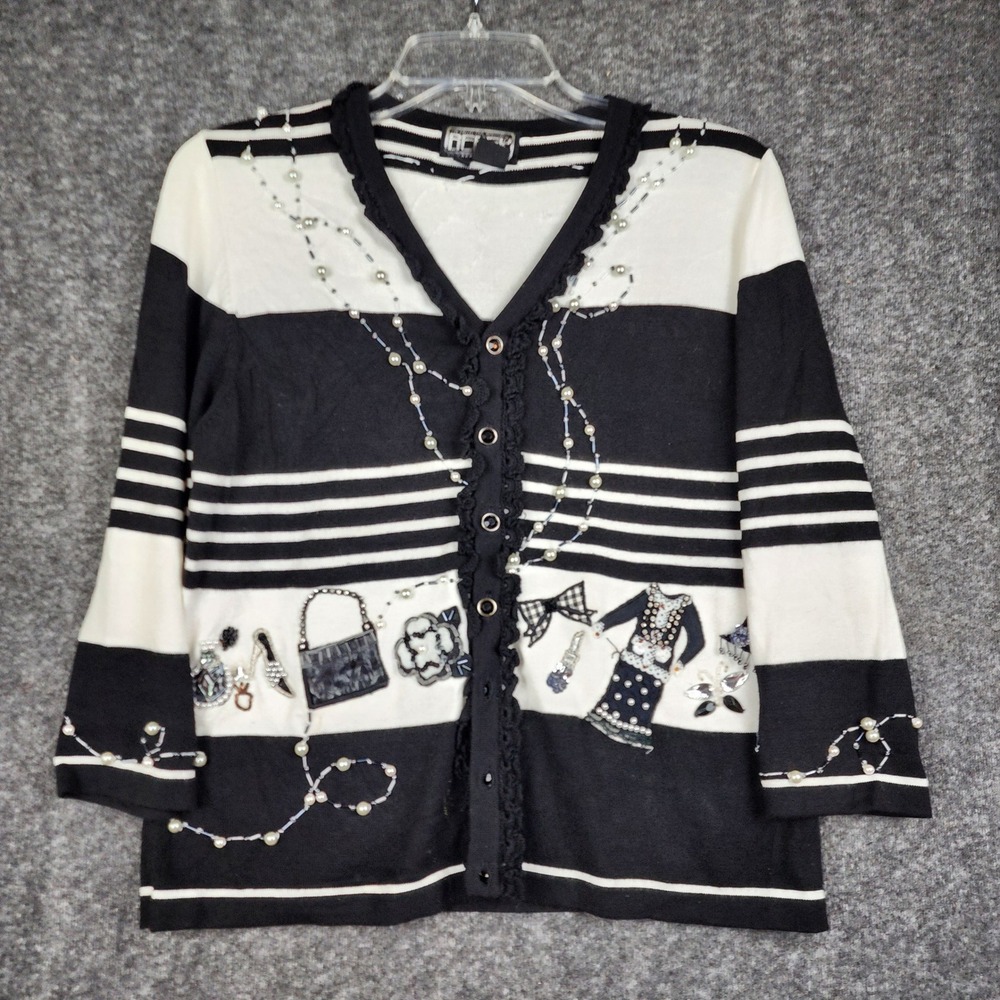 Berek Cardigan Women Small Striped Beaded Pearl Embellished V-Neck Sweater